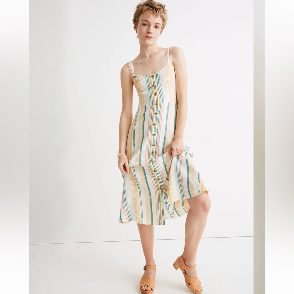 Madewell Linen Fitted-Bodice Midi Dress Stripe Pale Parchment Carnival - size 8